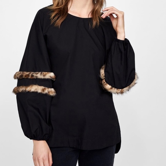 ZARA Poplin Top with Faux Fur Sleeve Detail - Picture 8 of 8